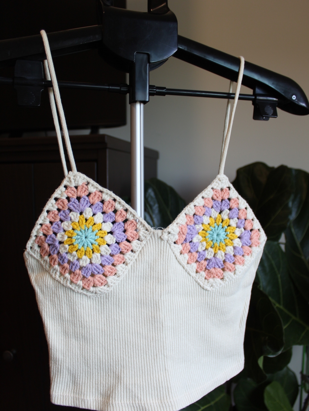Zara Cream Crochet-Trim Tank Top with Pastel Squares